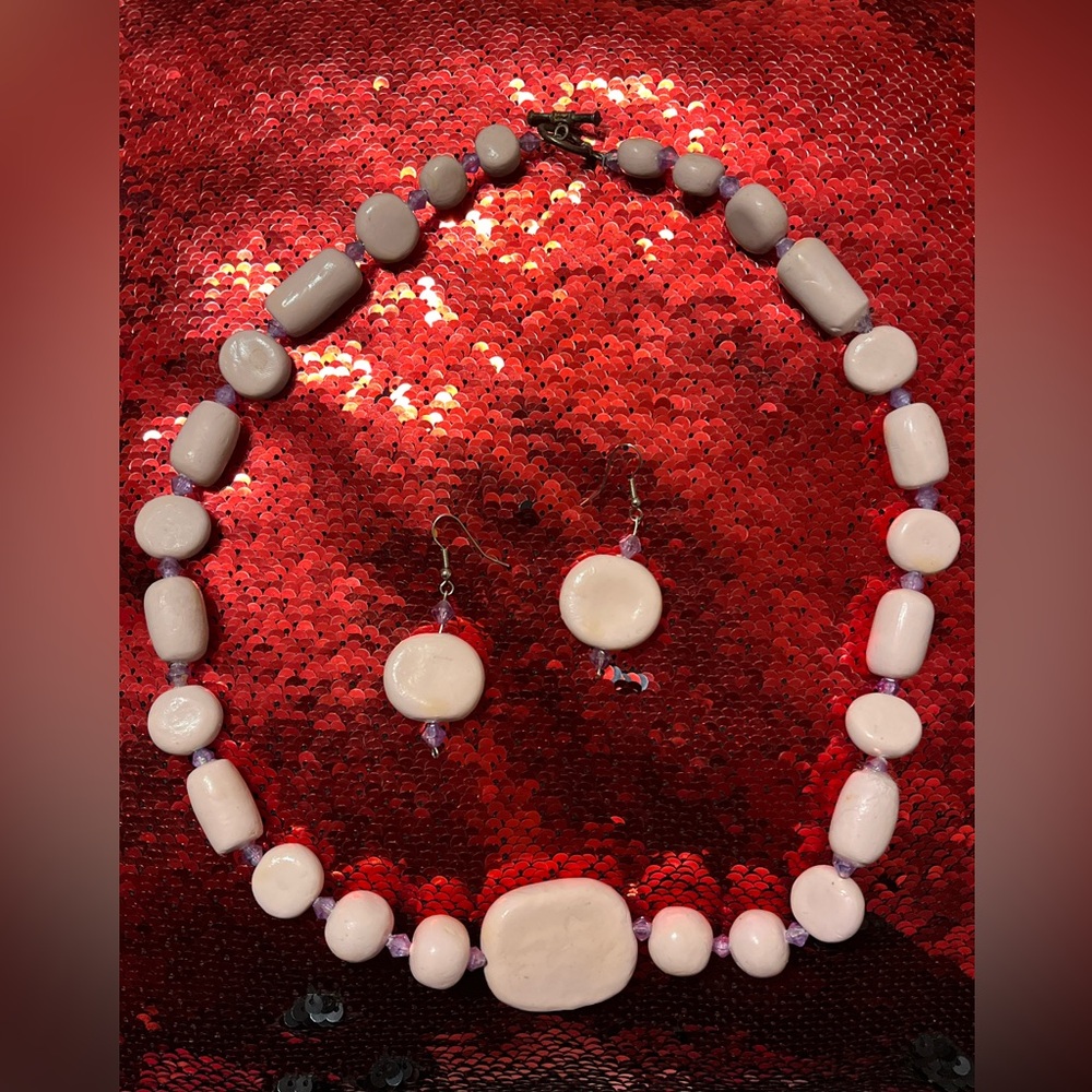 Handmade Unique Rare Elegant Pink Beaded Necklace and Earring Set 27”